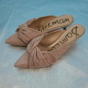Sam Edelman Laney Size 7.5 Shoe Bow-Embellished Suede Mules Camel Taupe Slip On